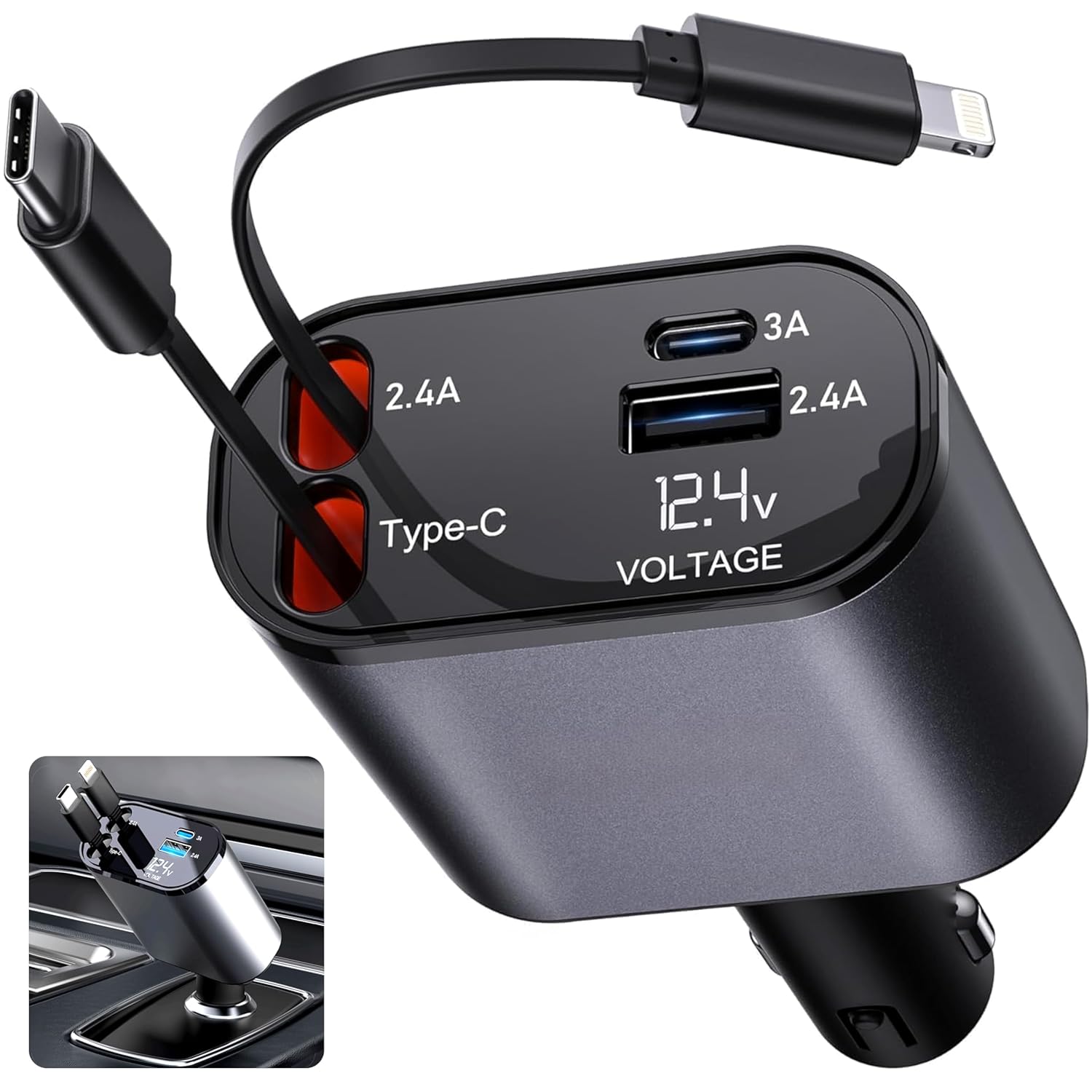 AUORITO 120W 4 in 1 Retractable Car Charger Socket New 2025,Multi USB Car Charger Type C Adapter with Dual Ports, car Mobile Charger Compatible with Android Phones & iPhone 16/15/14/13/12/11 Pro Max