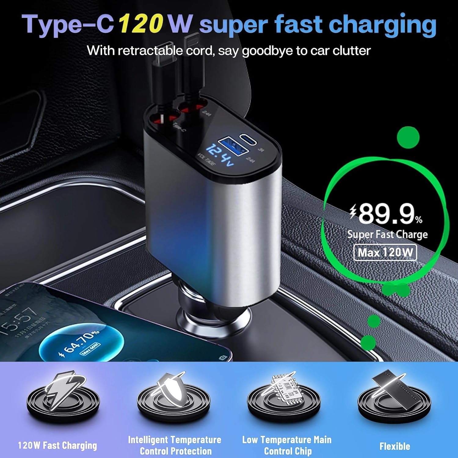 AUORITO 120W 4 in 1 Retractable Car Charger Socket New 2025,Multi USB Car Charger Type C Adapter with Dual Ports, car Mobile Charger Compatible with Android Phones & iPhone 16/15/14/13/12/11 Pro Max